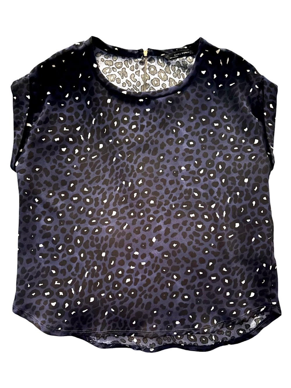 Zara Navy, Black and White Leopard Print Cap Sleeve Blouse, Excellent Condition